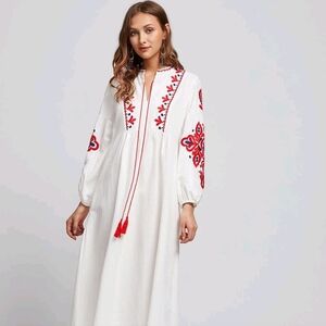 White Midi Dress with Red Embroidered Accents